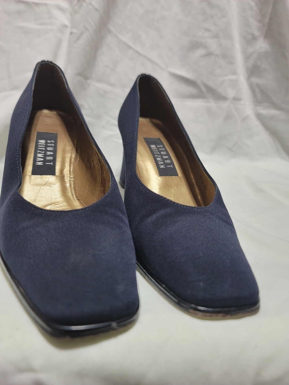 Stuart Weitzman Navy Blue Satin Square Toe Pumps, Size 7.5 B - Picture 10 of 10